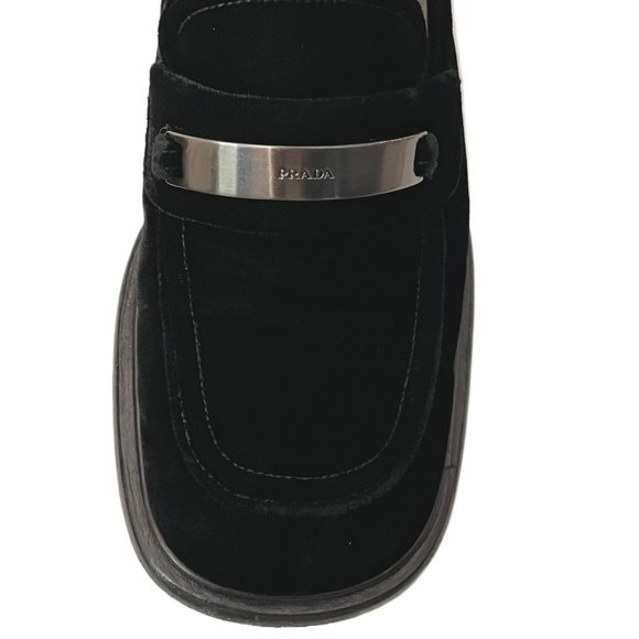 Prada Vintage Black Velvet Chunky Loafers with Metal Logo Size 36.5 US Size 6.5 - Picture 8 of 11